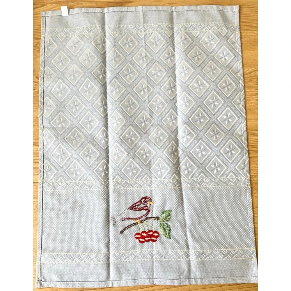 Embroidered Bird Cherry Guest Towels Set 3 Made Portugal Cotton